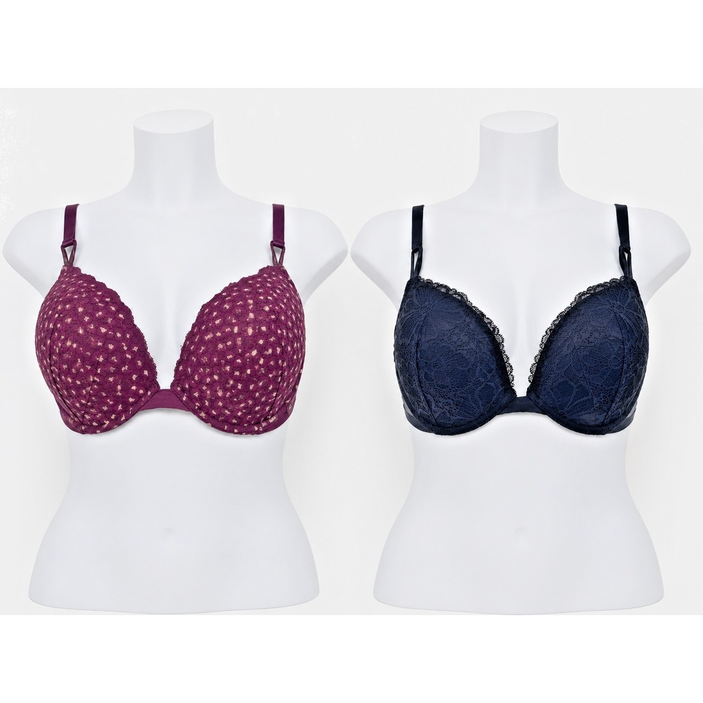 Victorias Secret Push Up Bra 38D Lined Purple Black Lace Fringe underwire